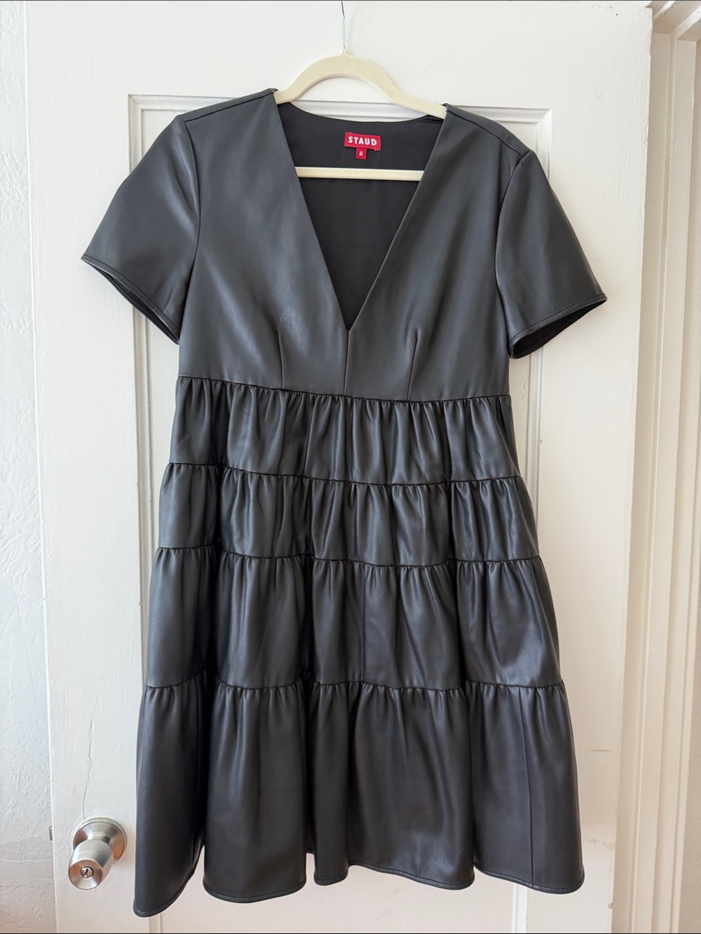 STAUD Black Faux Leather Tiered Mini Dress